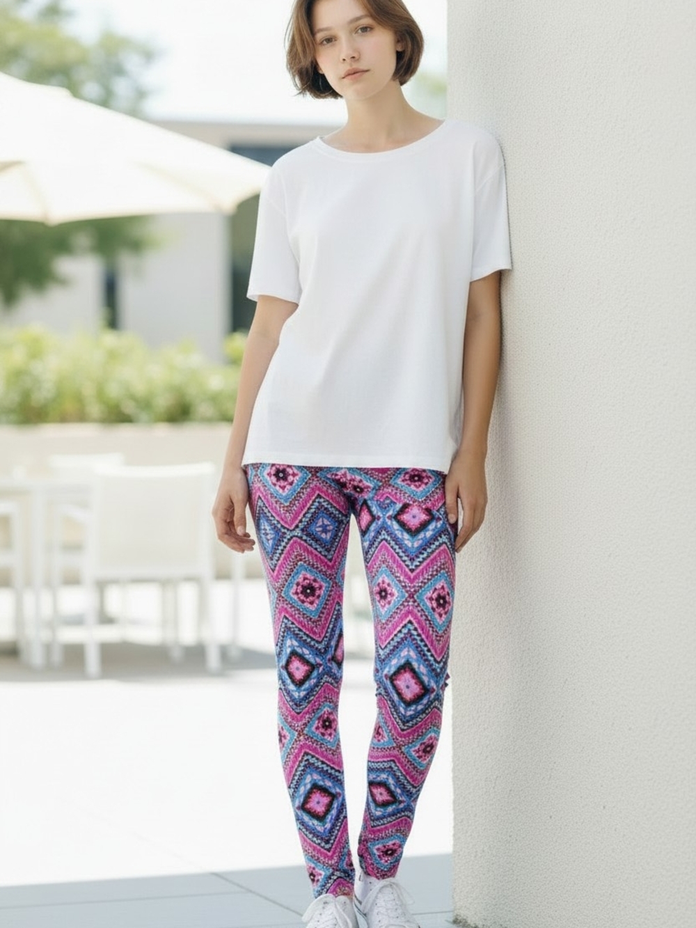 #118 One Step Ahead Pink and Blue Patterned Leggings
